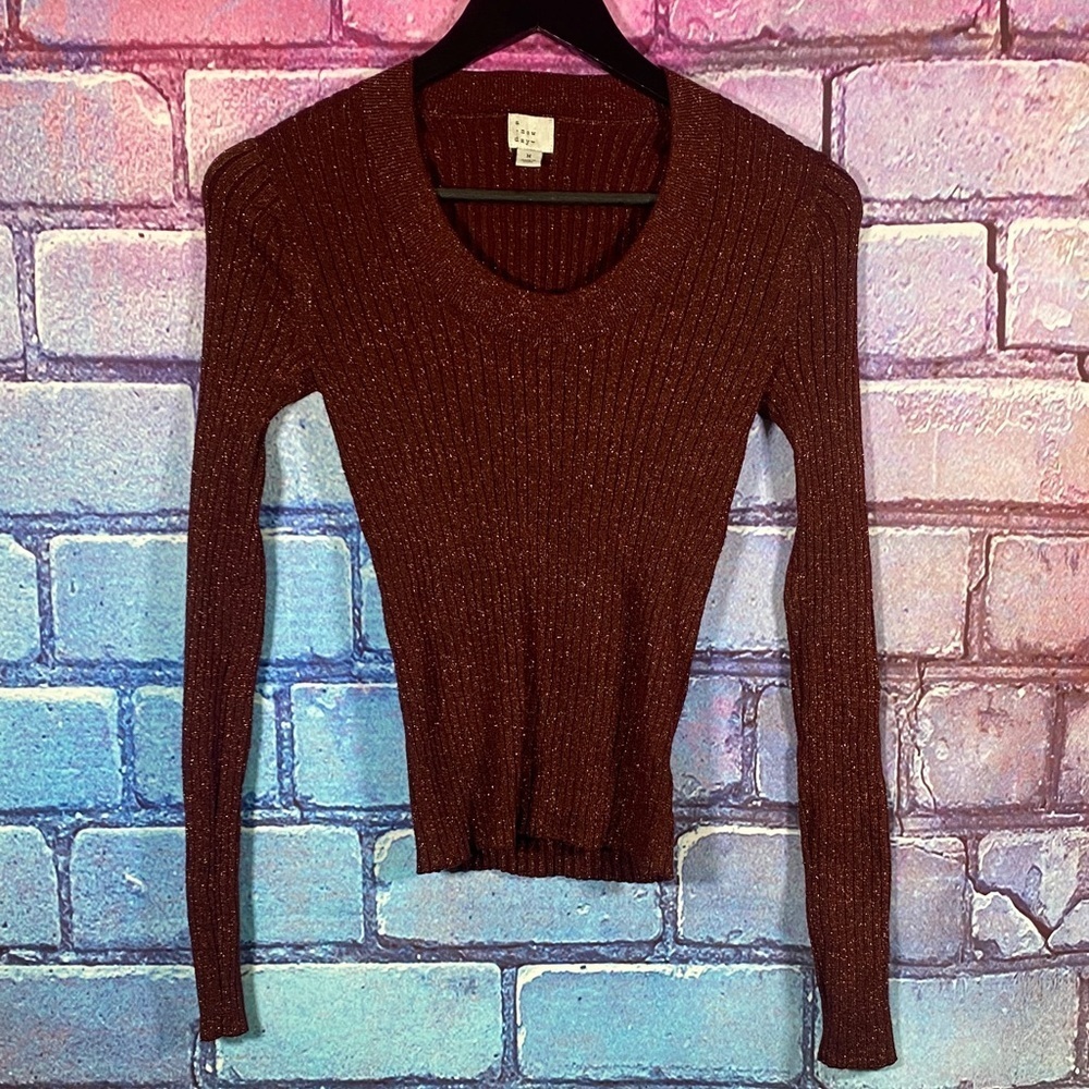 A New Day Metallic Ribbed Long Sleeve Sweater Rust Red Shimmer Knit Size M Top